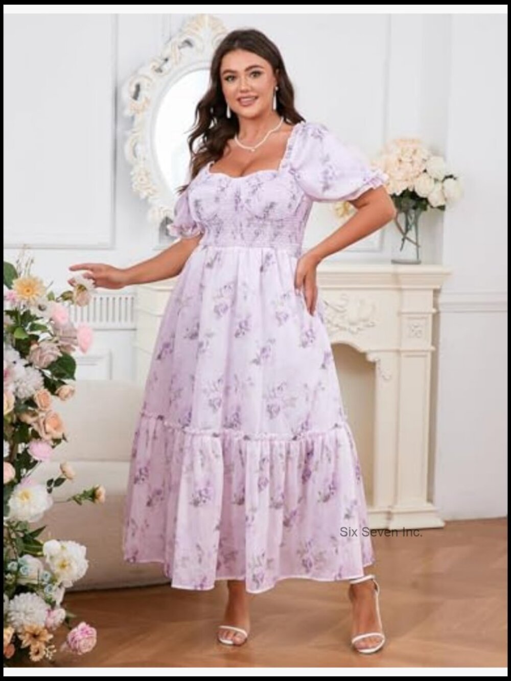 Plus Size Floral Maxi Dress with Puff Sleeves and Smocked Corset - Picture 6 of 7